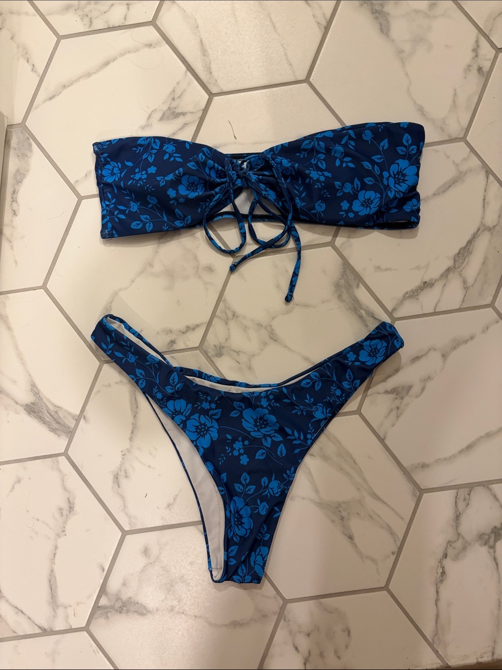 Blue Floral Bandeau Bikini Set
